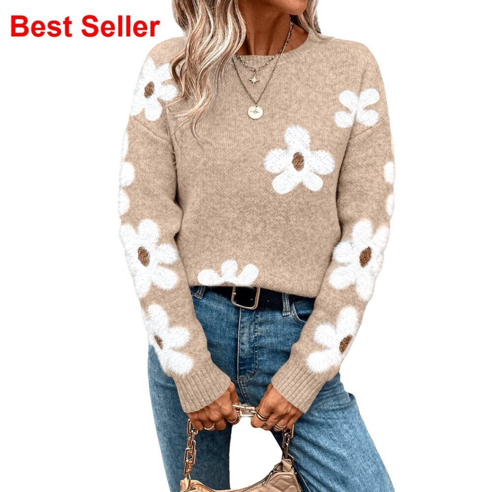 Floral Crewneck Drop Shoulder Sweater Pullover Long Sleeve Top